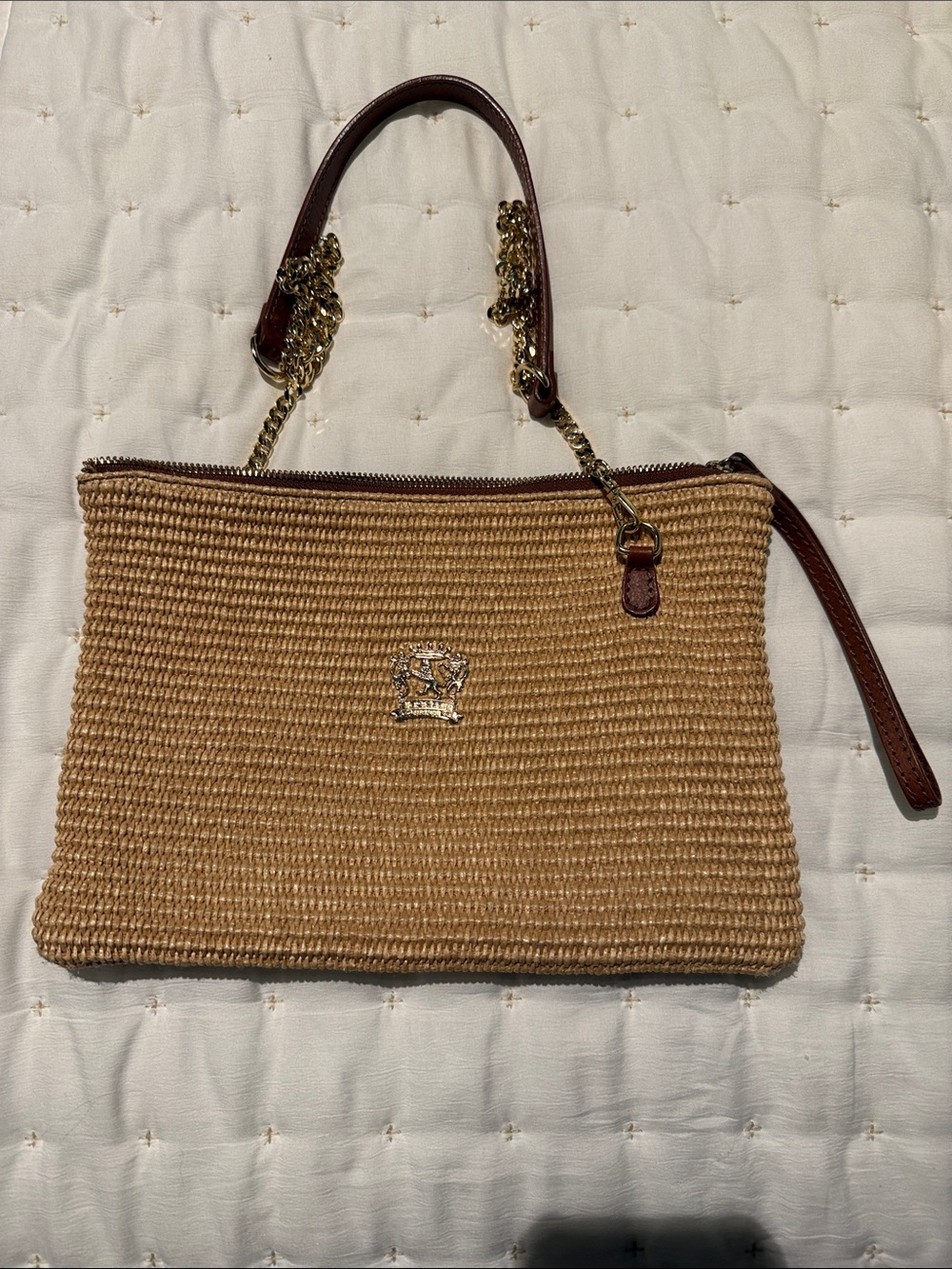 Woven Straw Shoulder Bag with Leather Trim and Gold Chain - Brown